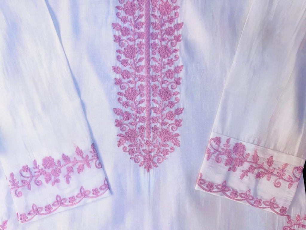 White Cotton Suit with Pink Embroidery & Organza Dupatta