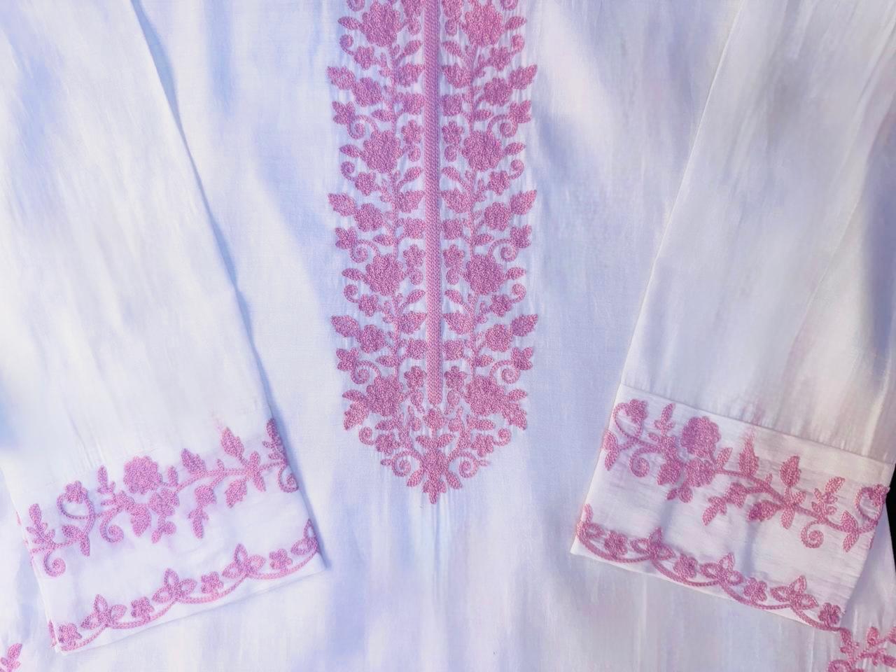 White Cotton Suit with Pink Embroidery & Organza Dupatta