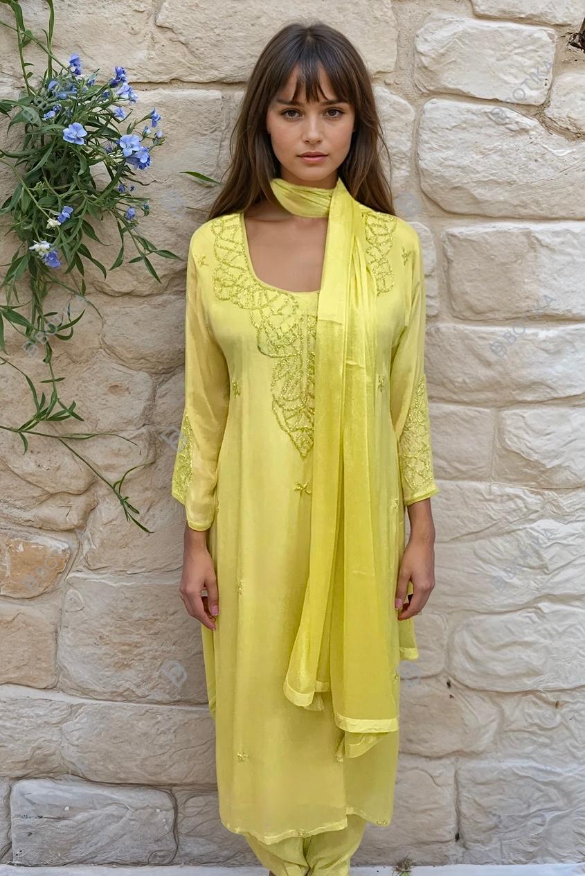 Lemon Shine Hand-Embroidered Chinon Suit