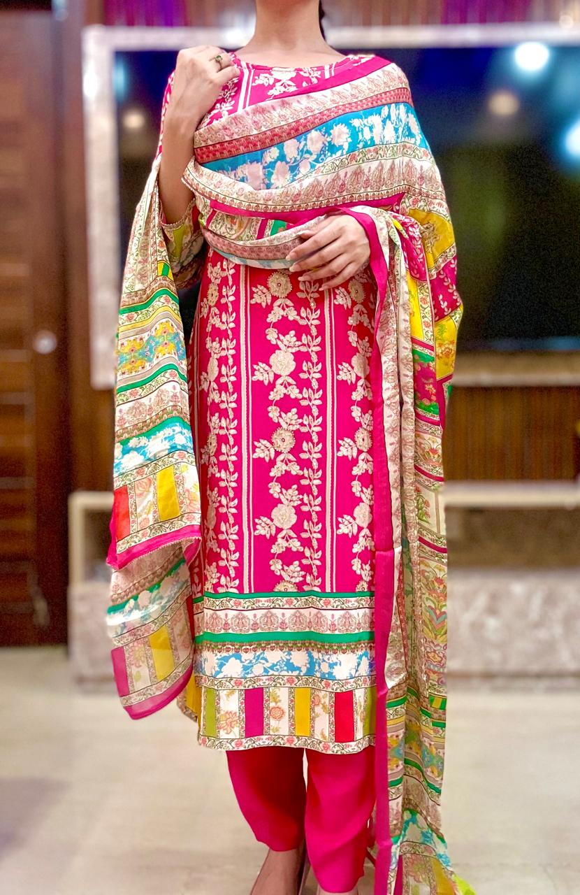Vibrant Bloom Designer Crepe Suit