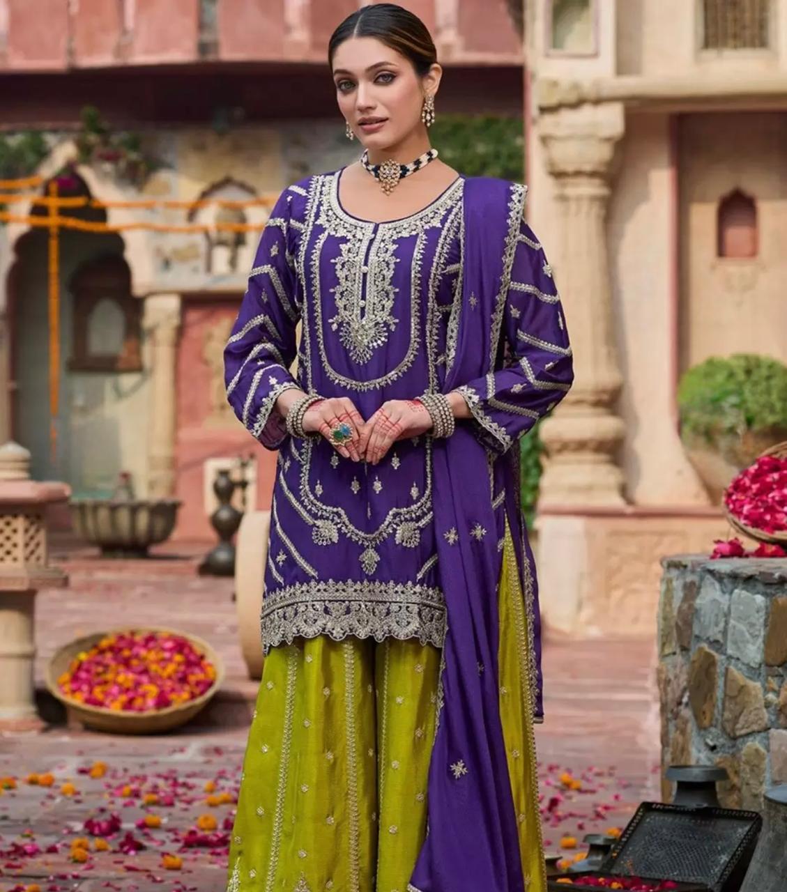Purple & Green Embroidered Sharara Set