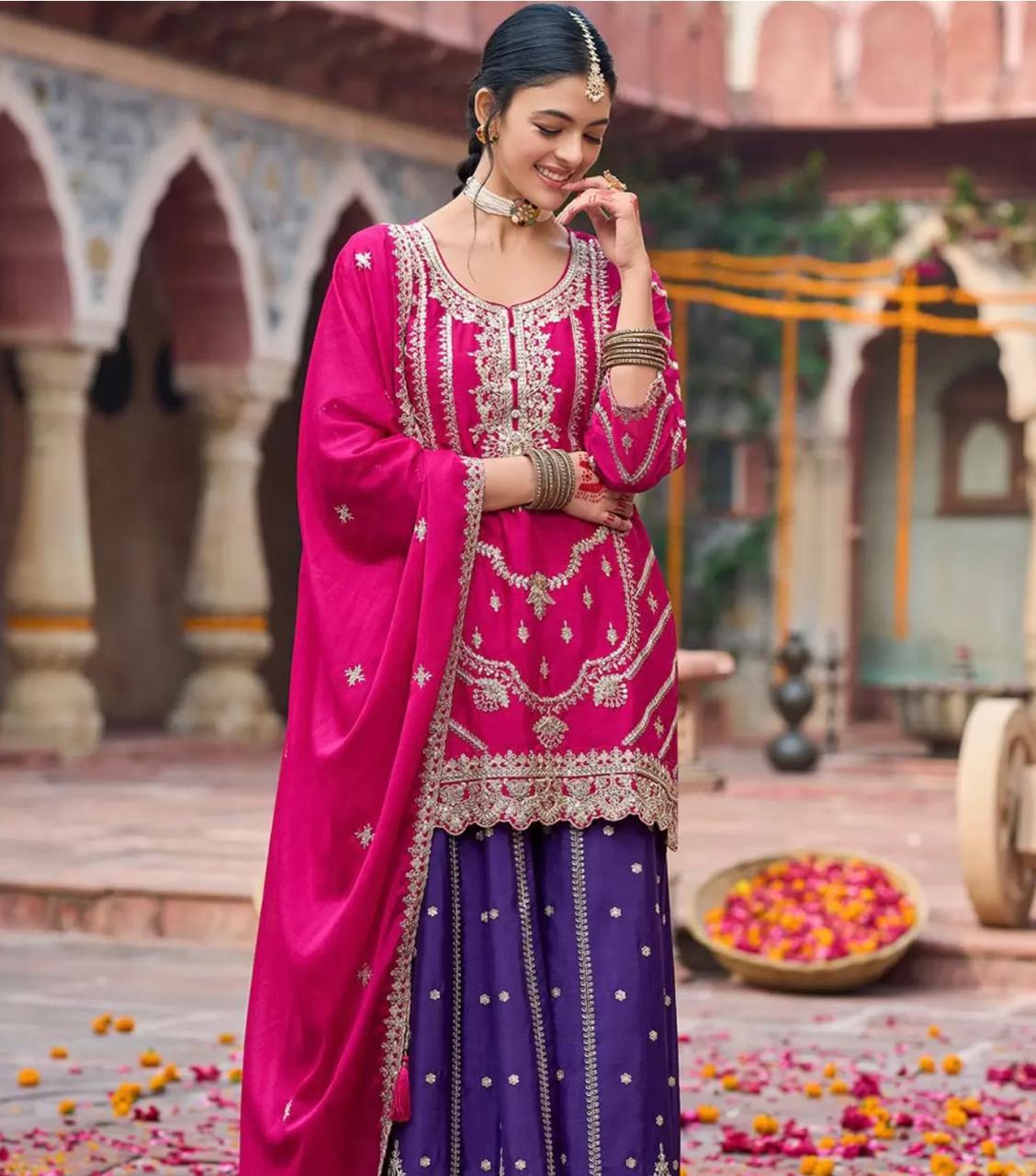 Pink & Purple Embroidered Sharara Set