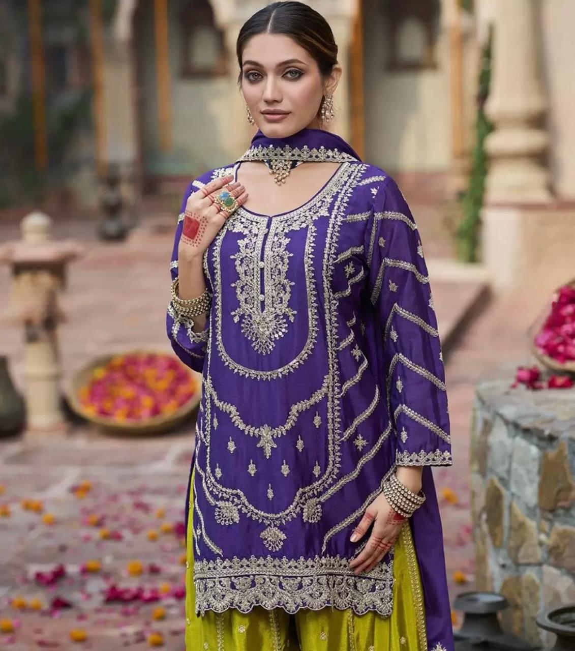 Purple & Green Embroidered Sharara Set