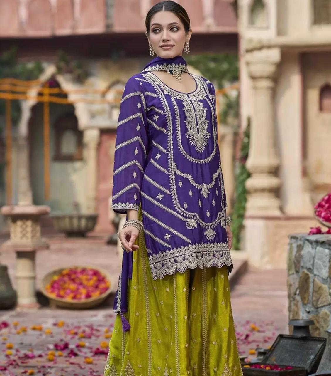Purple & Green Embroidered Sharara Set