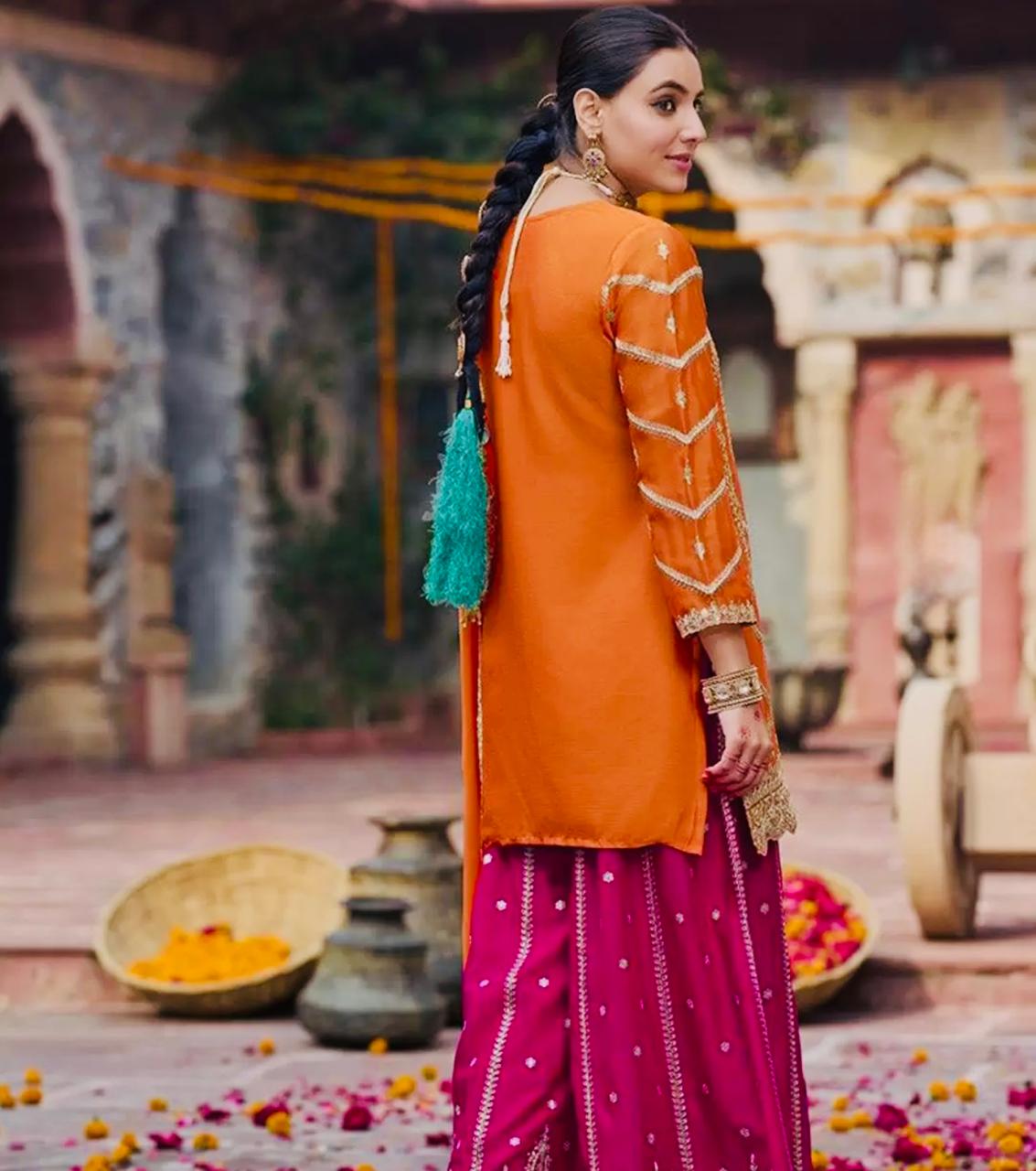 Orange & Pink Embroidered Sharara Set