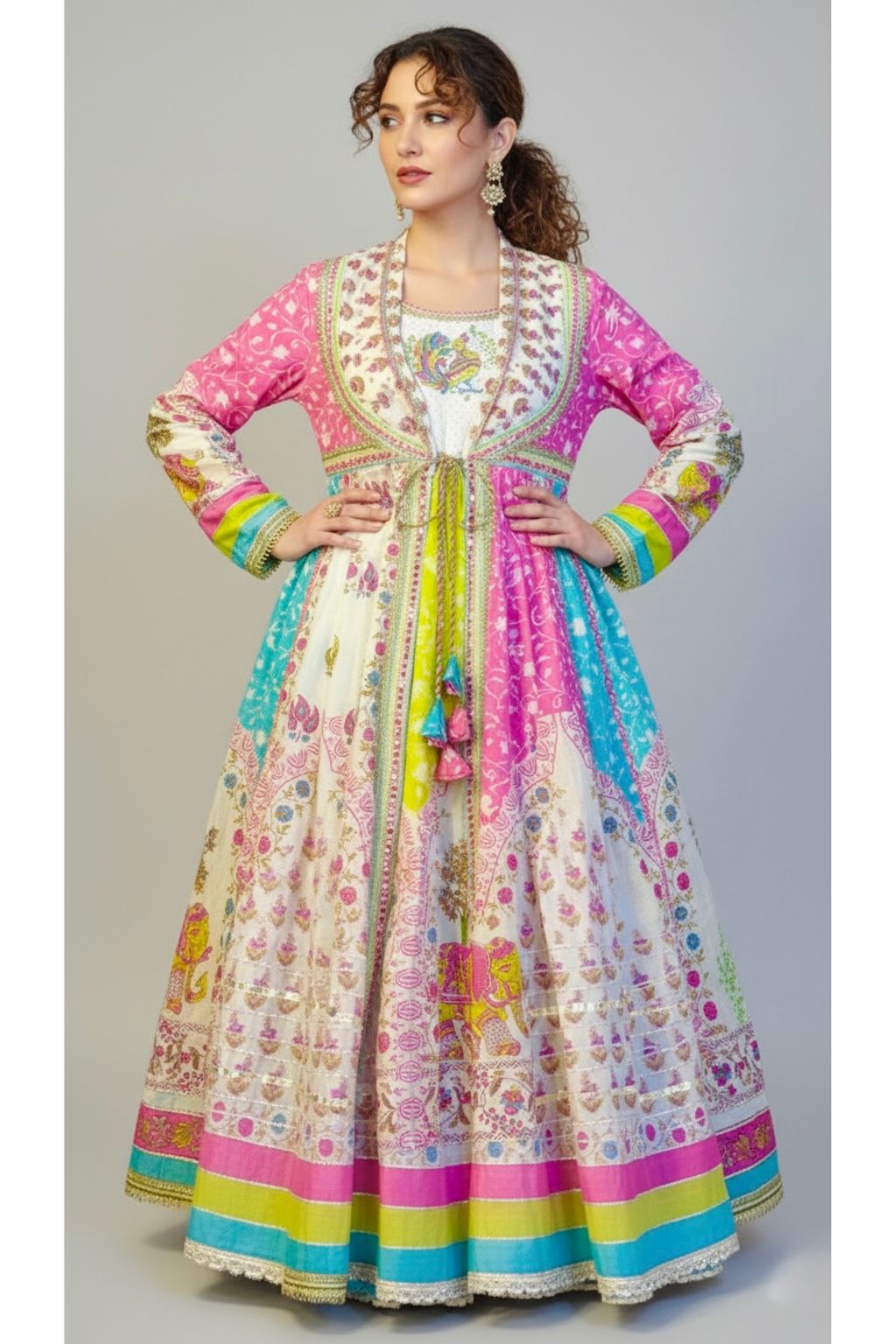 Jaipuri Print Gown with Shrug
