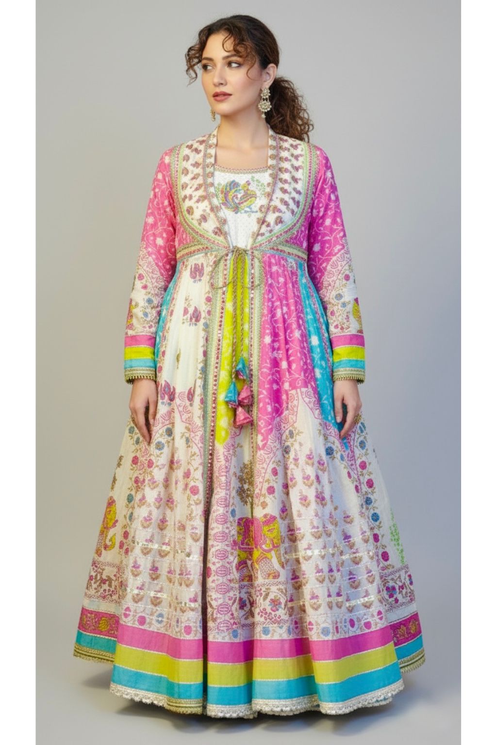 Jaipuri Print Gown with Shrug