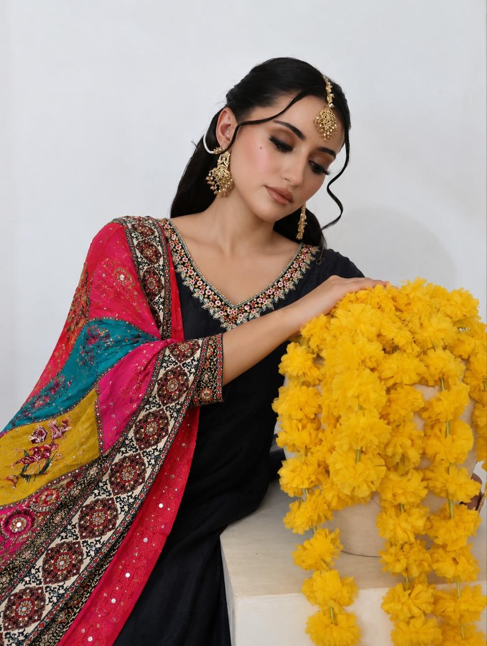 Black Crepe Silk Anarkali Suit with Multicoloured Printed Dupatta