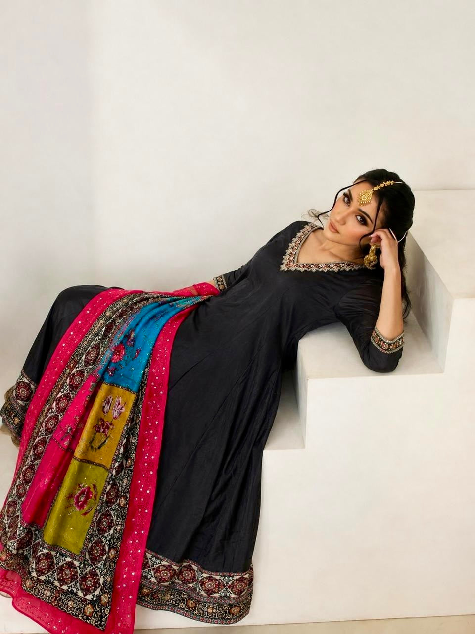 Black Crepe Silk Anarkali Suit with Multicoloured Printed Dupatta