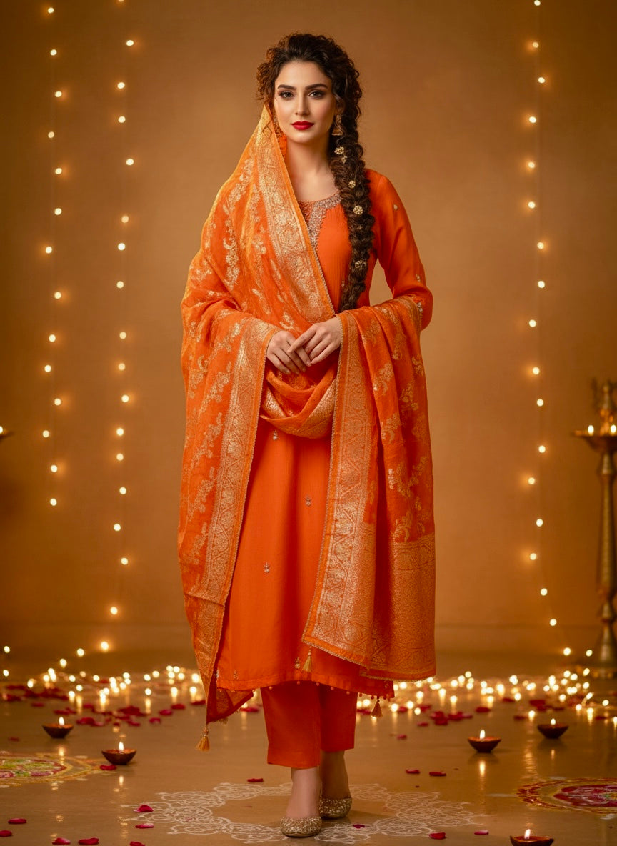 Festive Aura Orange Suit Set